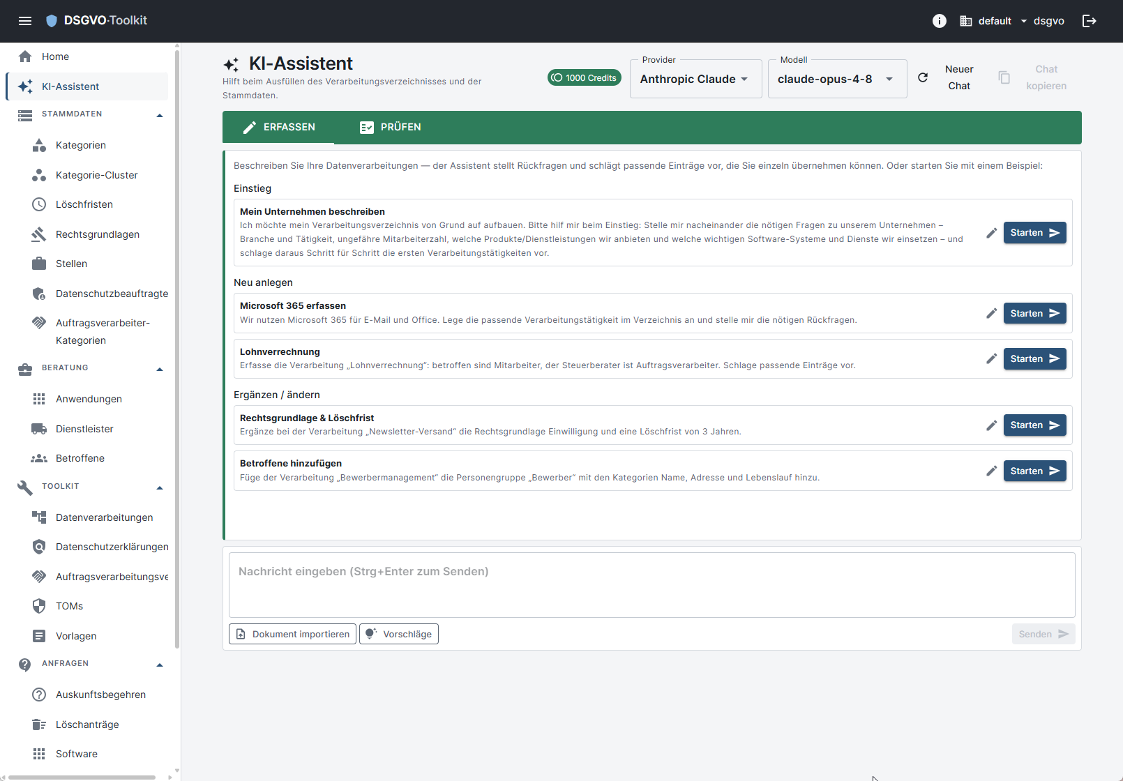 Der KI-Assistent des DSGVO-Toolkit hilft beim geführten Ausfüllen des Verarbeitungsverzeichnisses und der Stammdaten