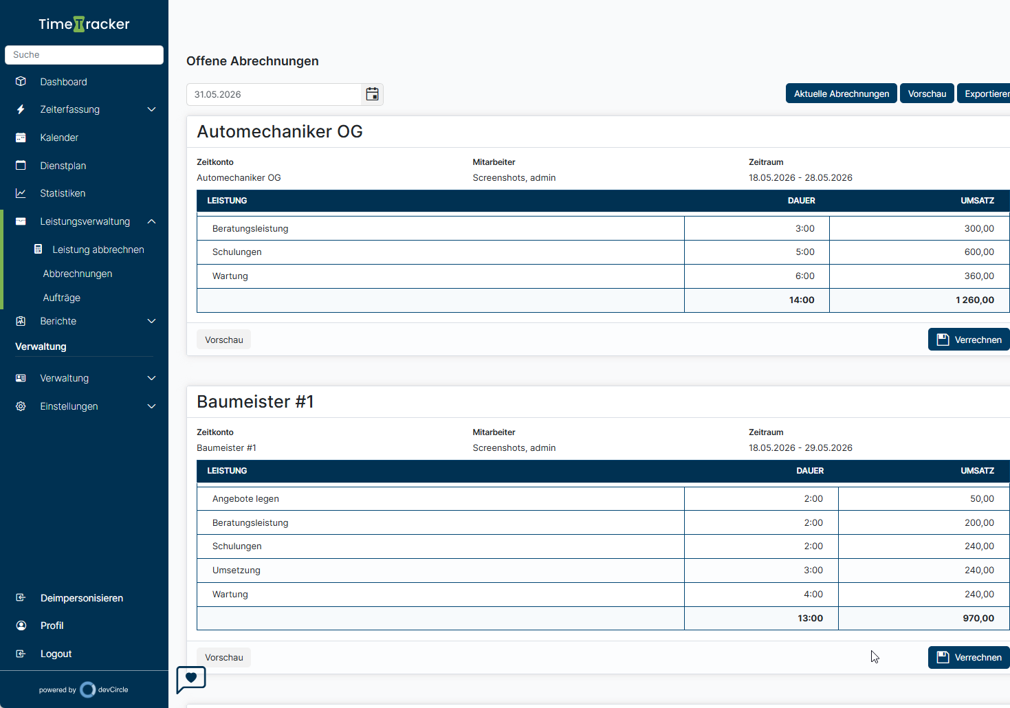 Abrechnungsansicht unseres TimeTrackers: Für zwei Zeitkonten sind die erfassten Leistungen mit Dauer und Umsatz aufgelistet, jeweils mit Summe und einer Schaltfläche zum Verrechnen.