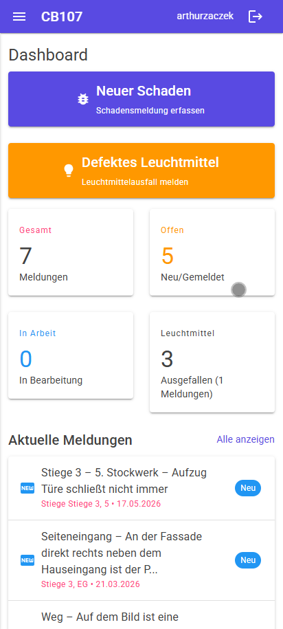 Dashboard der Schadensmeldung am Handy: Schaltflächen für neue Meldungen, Kennzahlen zu offenen und laufenden Fällen sowie eine Liste der aktuellen Meldungen